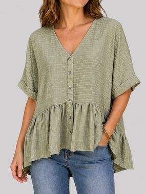 Blu Pepper NWT Olive Textured Peplum Top Boho Babydoll Blouse L